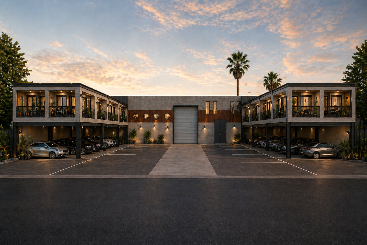 Block 92109 exterior rendering at dusk